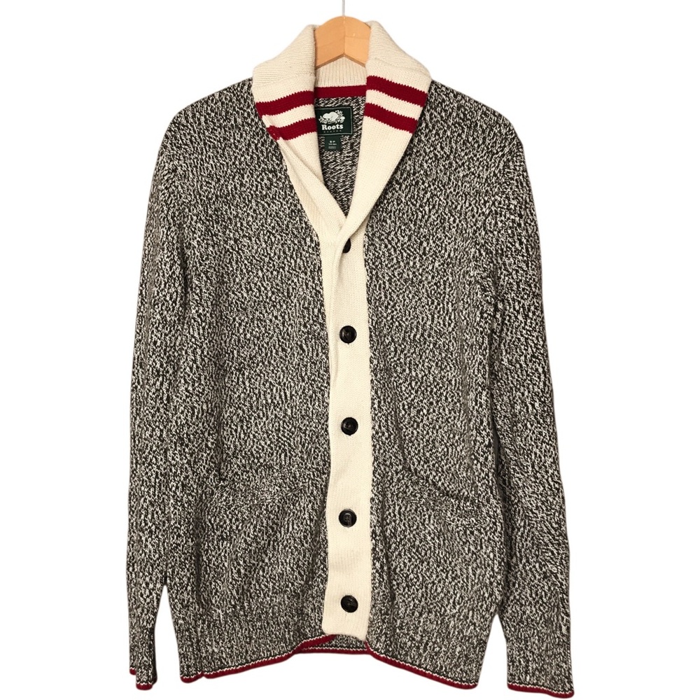 Roots Cabin Shawl Collar Cardigan Sweater Cotton Blend Cream Black Red Small